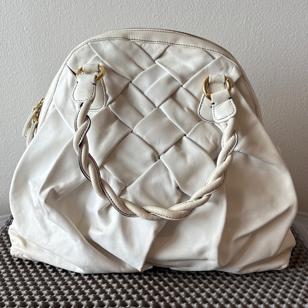 Valentino Garavani Vintage White Soft Leather Woven Nappa Dome Tote